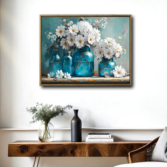 Teal Blue Glass Mason Jars White Daisy Hydrangea Canvas Wall Art, Faith Hope Love Floral Still Life Horizontal Print, Farmhouse Rustic Country Flower Wall Decor