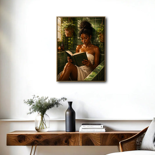 Vintage Bath Time Canvas Poster, Melanin Woman Reading Old Book Green Tiled Bathroom Artwork for Powder Room Gallery Wall Decor