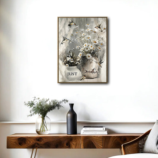 Just Breathe Hummingbird White Daisy Rustic Framed Wall Art