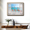 Open White French Window Flamingo Beach Canvas Wall Art, Tropical Ocean Seaside Flamingo Fake Window Horizontal Print, Coastal Beach House Summer Wall Decor