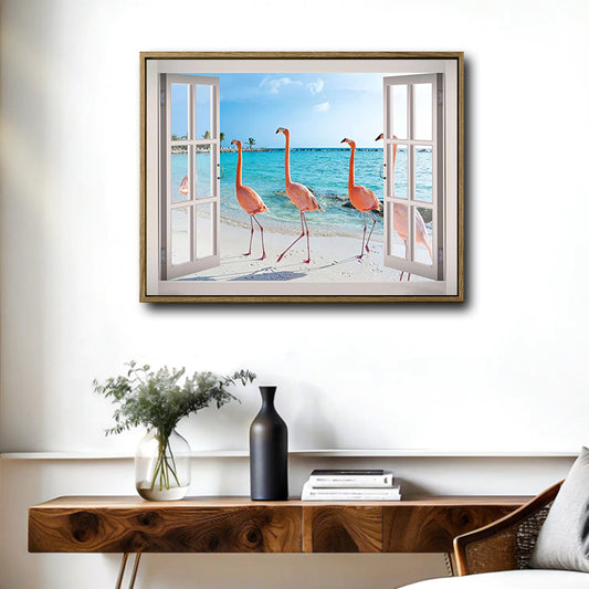 Open White French Window Flamingo Beach Canvas Wall Art, Tropical Ocean Seaside Flamingo Fake Window Horizontal Print, Coastal Beach House Summer Wall Decor