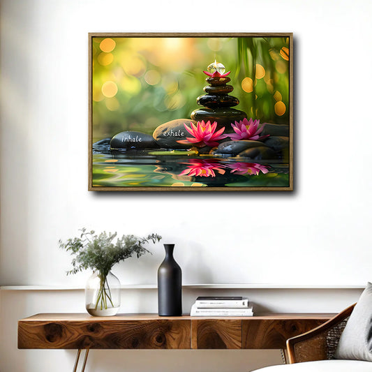 Serene Meditation Lotus Canvas Poster, Bokeh Green Nature Background Zen Stone Pile Artwork for Yoga Studio Bedroom Office Decor