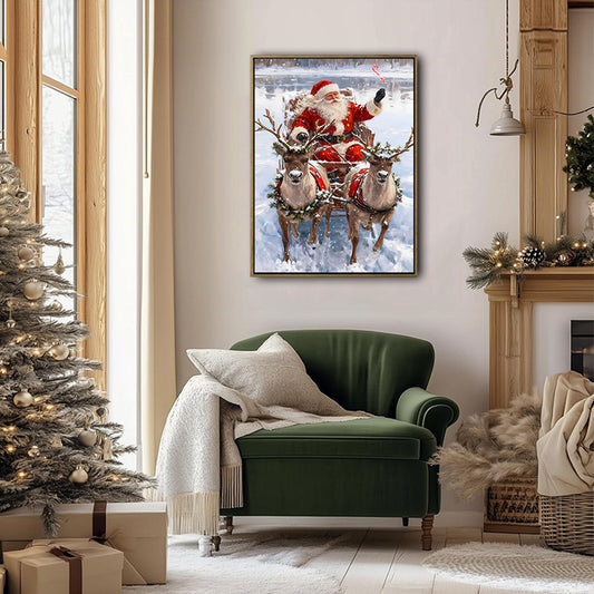Santa Sleigh & Reindeer Framed Wall Art Vintage Oil Painting Christmas Print