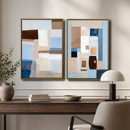 2 Piece Neutral Earth Tone Pastel Blue Geometric Abstract Canvas Prints Palette Knife Textured Contemporary Wall Art
