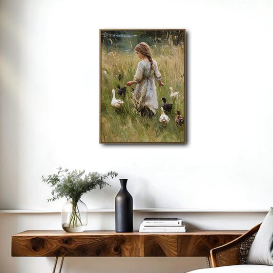 Girl Feeding Ducks Meadow Canvas Wall Art Vintage Farmhouse Country Home Decor