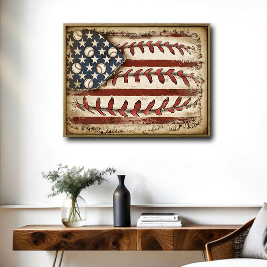 Retro Distressed American Baseball Flag Canvas Wall Art, Patriotic Baseball US Flag Canvas Painting for Sports Room Decor