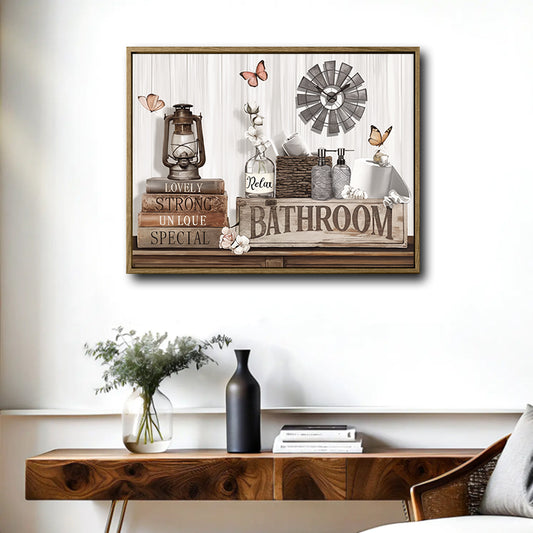 Farmhouse Bathroom Canvas Wall Art, Vintage Windmill Butterfly Bathroom Sign Print, Rustic Neutral Country Bath Decor with Lantern Books Floral Art