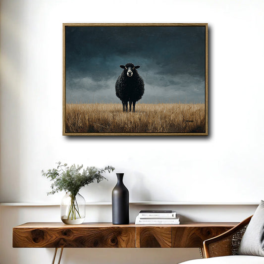 Moody Countryside Black Sheep Canvas Poster, Antique Oil‑Painting Style Farm Animal Wall Art for Cottage Farm‑Style Home Decoration