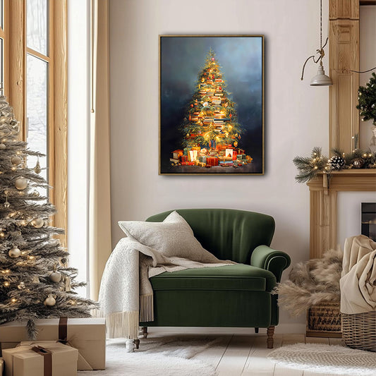 Book Stack Christmas Tree Framed Wall Art Vintage Oil Painting Holiday Print