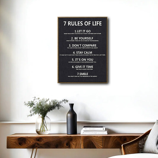 7 Rules Of Life Motivational Framed Canvas Wall Art, Inspirational Typography Quote Print for Home Office Decor