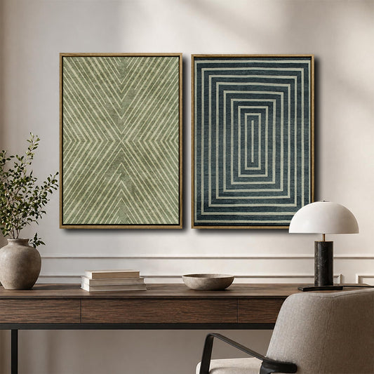 2 Piece Neutral Vintage Linear Abstract Canvas Prints Mid Century Modern Textured Tribal Pattern Wall Art