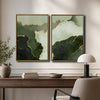 2 Piece Muted Dark Emerald Green Gold Line Abstract Canvas Prints Modern Organic Fluid Ink Neutral Wall Art