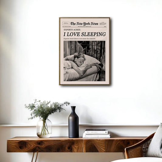 Funny I Love Sleeping Newspaper Poster, Vintage Retro News Headline Canvas Wall Art, Quirky Bedroom Apartment Decor