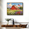 Red Barn American Flag Wildflower Field Canvas Wall Art, Farmhouse Country Lavender Poppy Daisy Landscape Canvas Print, Patriotic Rustic Farm Decor