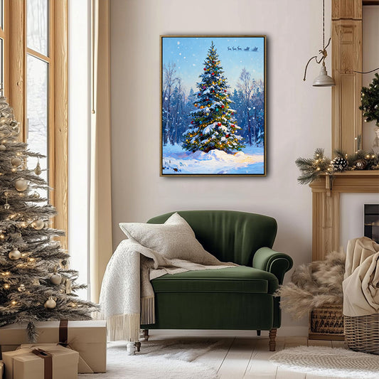 Snow‑Covered Christmas Tree Framed Canvas Wall Art, Vintage Winter Christmas Decor