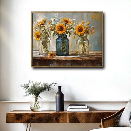 Sunflower Wildflower Mason Jar Canvas Wall Art, Three Glass Jars Floral Still Life Horizontal Print, Farmhouse Rustic Country Sunflower Wall Decor