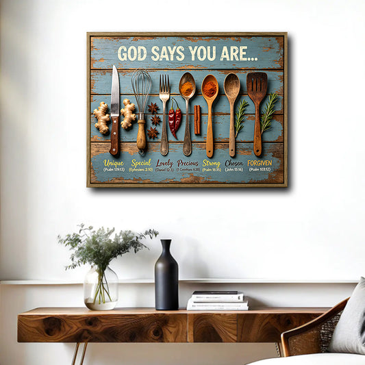 God Says You Are Bible Verse Canvas, Vintage Kitchen Utensils Wall Decor