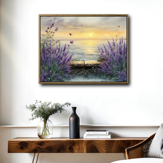 Lavender Seaside Sunset Canvas Wall Art, Coastal Ocean View Purple Lavender Butterfly Impasto Oil Painting Print, Horizontal Farmhouse Landscape Living Room Decor