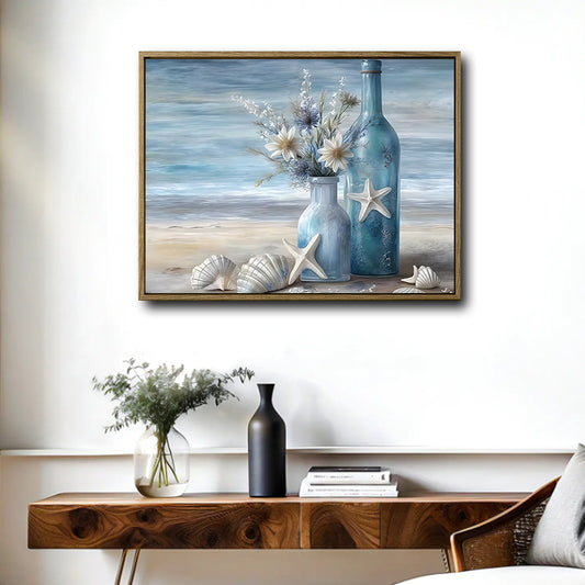 Blue Glass Bottles Starfish Seashell Coastal Canvas Print, Beach Still Life Horizontal Wall Art