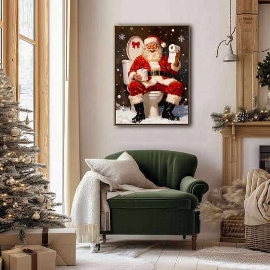 Funny Santa On Toilet Snow Scene Framed Wall Art Christmas Bathroom Decoration