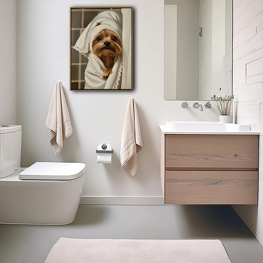 Whimsical Yorkie Bathroom Poster, Elegant Yorkshire Terrier With Lace Spa Towel Print, Humorous Restroom Wall Art For Dog Lovers