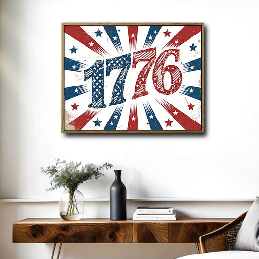 Vintage 1776 American Patriotic Canvas Wall Art, Distressed Red Blue Star Burst 1776 Independence Day Canvas Print, 4th of July Farmhouse Wall Decor