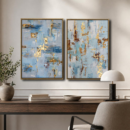 2 Piece Modern Soft Blue Gold Leaf Abstract Canvas Prints Thick Texture Coastal Contemporary Luxury Wall Art