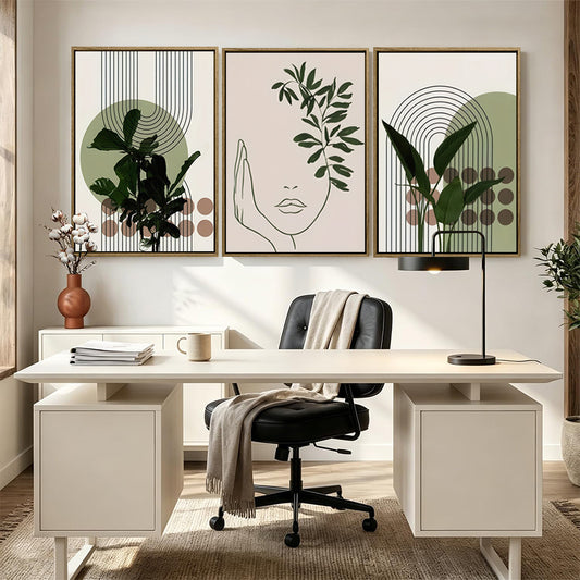 Set of 3 Sage Green Boho Abstract Face Leaf Geometric Framed Wall Art Prints