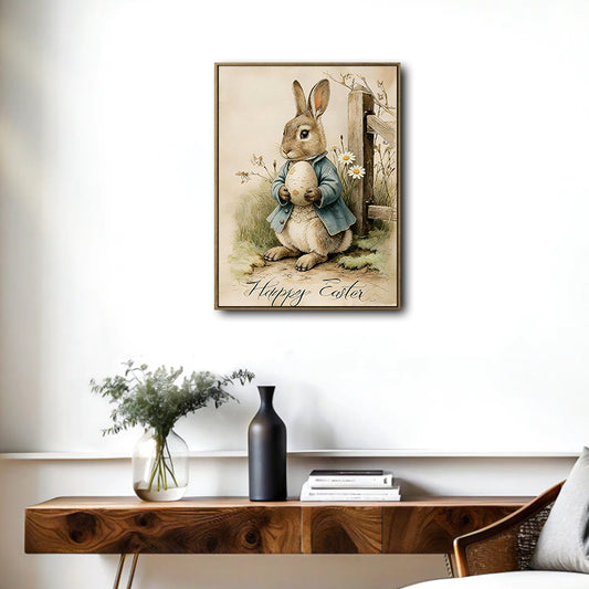 Happy Easter Bunny Blue Jacket Holding Egg Vintage Canvas Wall Art