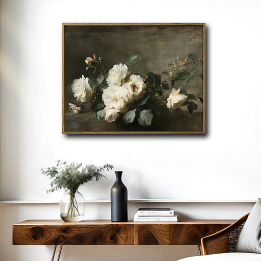 Vintage White Rose Floral Framed Canvas Wall Art, Dark Moody Still Life Flower Oil Painting Print, Antique Farmhouse Living Room Bedroom Wall Decor
