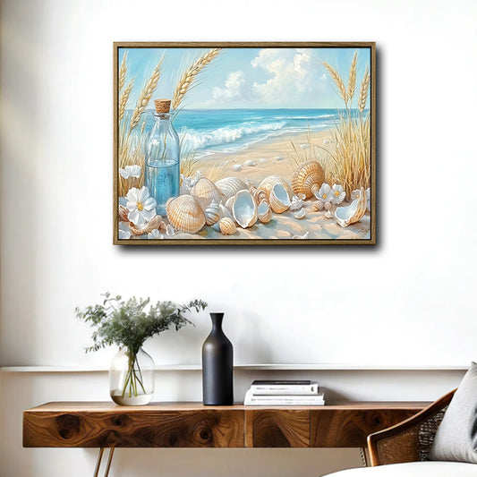 Beach Seashell & Message Bottle Canvas Print, Coastal Horizontal Wall Art
