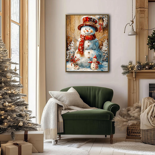Vintage Big and Little Snowmen Rustic Christmas Framed Wall Art