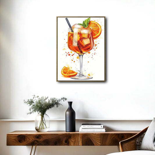 Modern Bar Wall Decor, Aperol Spritz Orange Cocktail With Ice & Orange Slice Watercolor Splash Painting, Bright Fresh Vertical Canvas Artwork For Kitchen Dining Pub
