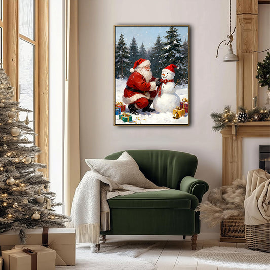 Santa & Snowman Framed Wall Art Vintage Oil Painting Christmas Print