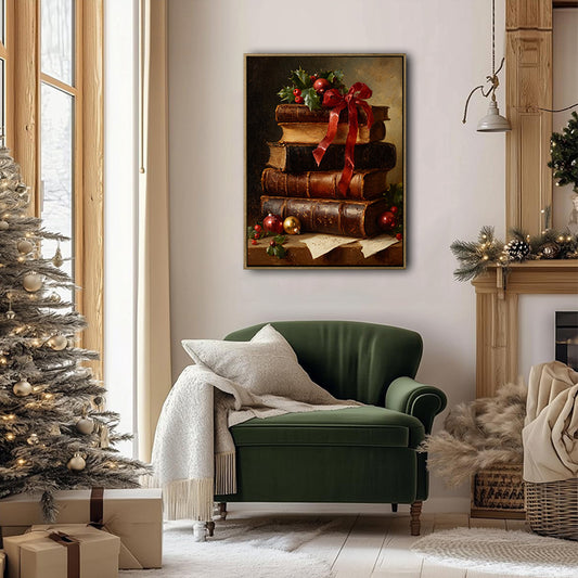 Vintage Christmas Old Books Holly Red Ribbon Framed Wall Art Christmas Decoration