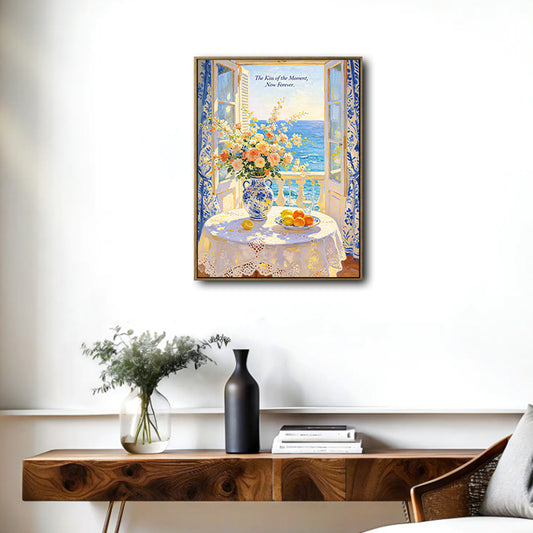 Mediterranean Ocean Window Still Life Canvas Wall Art Floral Quote Summer Home Decor