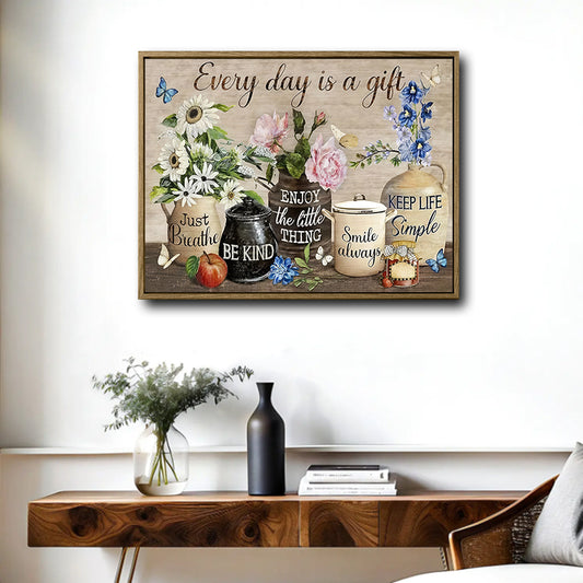 Rustic Motivational Wall Decor, Wildflowers Peonies Vintage Pottery Butterfly “Every Day Is A Gift” Positive Sayings Weathered Wood Canvas Art, Horizontal Country Farmhouse Kitchen Floral Artwork