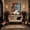 Farmhouse Halloween White Pumpkin Canvas Print, Rustic Blue Window Autumn Maple Leaves Fall Wall Art
