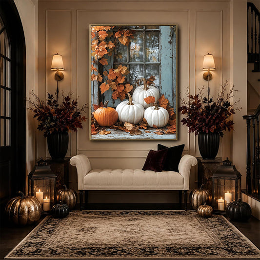 Farmhouse Halloween White Pumpkin Canvas Print, Rustic Blue Window Autumn Maple Leaves Fall Wall Art