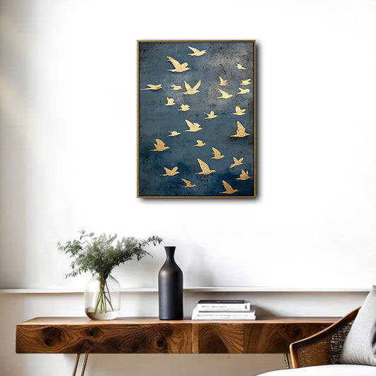 Vintage Textured Gold Birds Canvas Poster, Navy Sky Flying Birds Art Print, Minimalist Luxury Wall Decoration