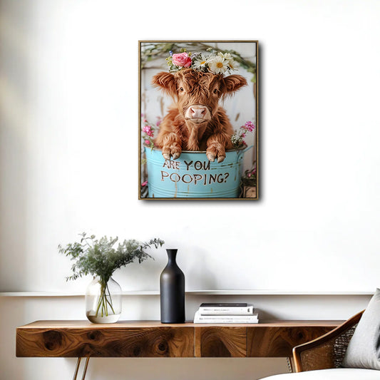 Highland Cow Bathroom Wall Art, Are You Pooping Funny Farm Cow Canvas Print, Cute Fluffy Scottish Cow With Flower Crown Bathroom Decor, Rustic Farmhouse Restroom Sign