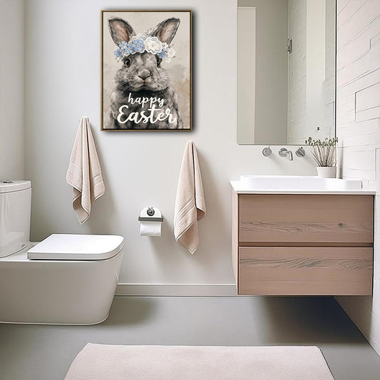 Happy Easter Grey Bunny Blue Floral Crown Canvas Wall Art
