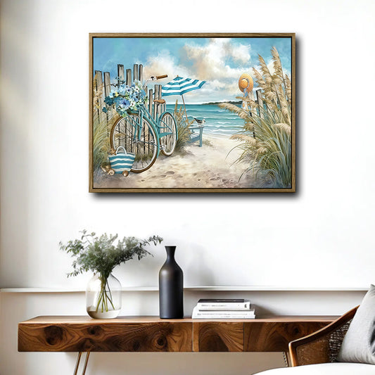 Vintage Bicycle Beach Canvas, Watercolor Coastal Seaside Wall Decor