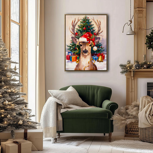Christmas Reindeer Santa Hat Framed Wall Art Christmas Decoration