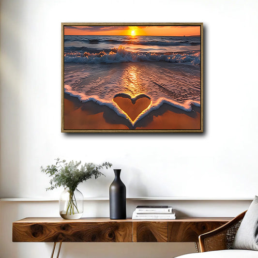 Heart Sand Beach Sunset Canvas, Romantic Coastal Seaside Wall Decor