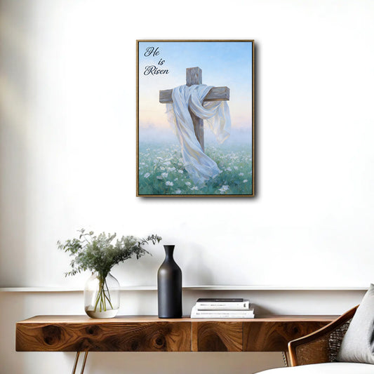He Is Risen Wooden Cross White Cloth Easter Canvas Wall Art