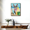 French Bulldog Surfboard Beach Lighthouse Canvas Wall Art, Cute Summer Dog Coastal Vertical Print, Nautical Beach House Pet Lover Wall Decor