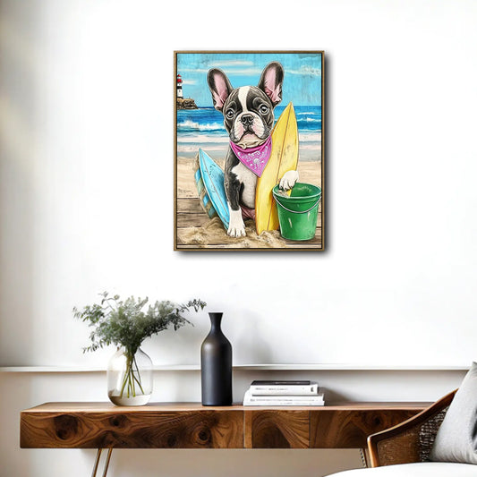 French Bulldog Surfboard Beach Lighthouse Canvas Wall Art, Cute Summer Dog Coastal Vertical Print, Nautical Beach House Pet Lover Wall Decor