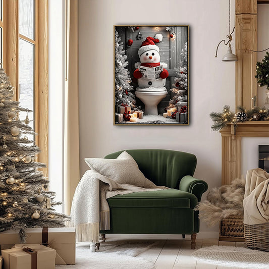 Snowman in Santa Hat Reading Newspaper On Toilet Christmas Framed Wall Art
