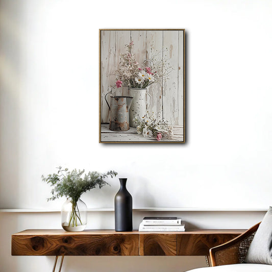 Vintage Metal Pitcher Wildflower Canvas Wall Art, White Pink Daisy Floral Vertical Print, White Peeling Wood Plank Shabby Chic Farmhouse Wall Decor